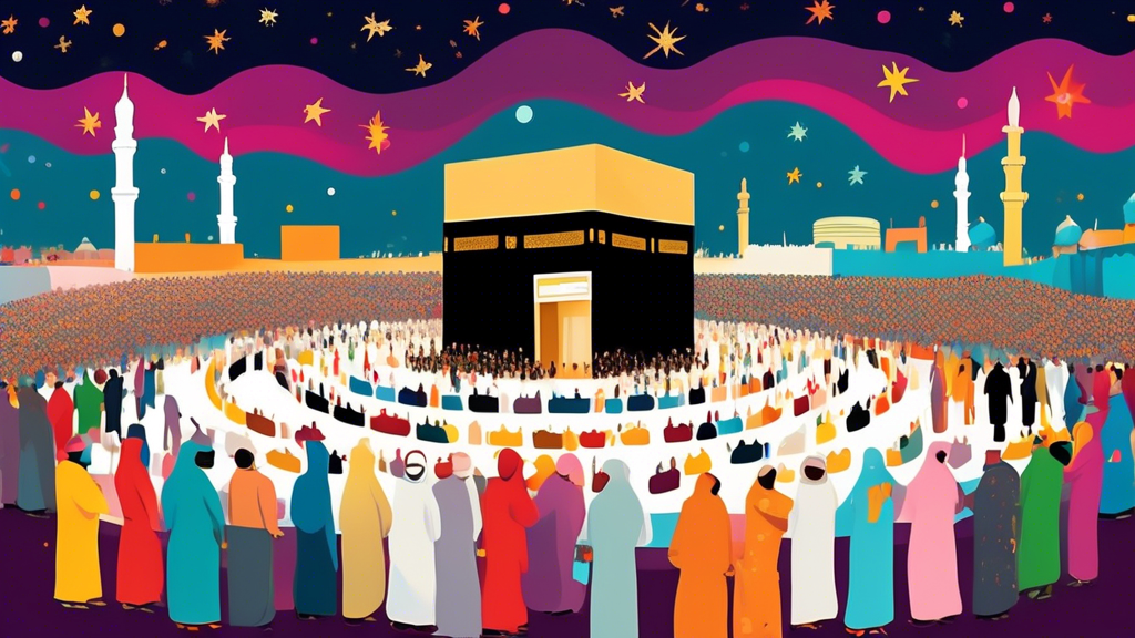 A vibrant and colorful illustration of diverse Muslim pilgrims from around the world gathering at the Kaaba in Mecca for Hajj, with a separate scene depicting a family celebrating Eid-ul-Adha with a f