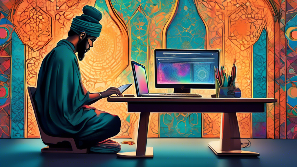 A digital artist's rendering of a person sitting at a modern, sleek computer desk, using a high-tech laptop to check their Umrah visa status online, with a peaceful background depicting elements of Is