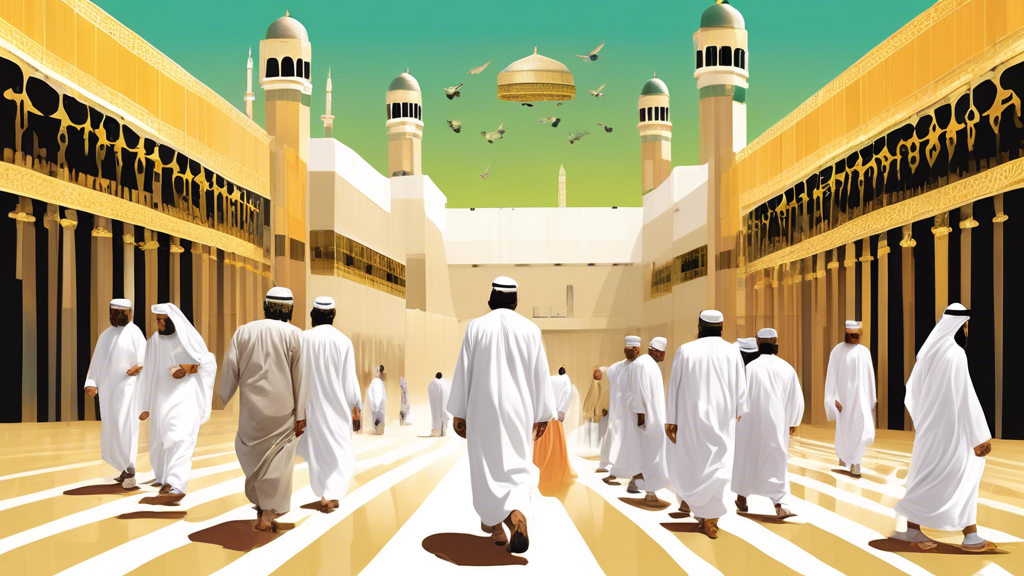 An illustrative montage showing the sequential steps of performing Umrah, from wearing Ihram to walking between Safa and Marwah, set against the backdrop of the Kaaba in Mecca.