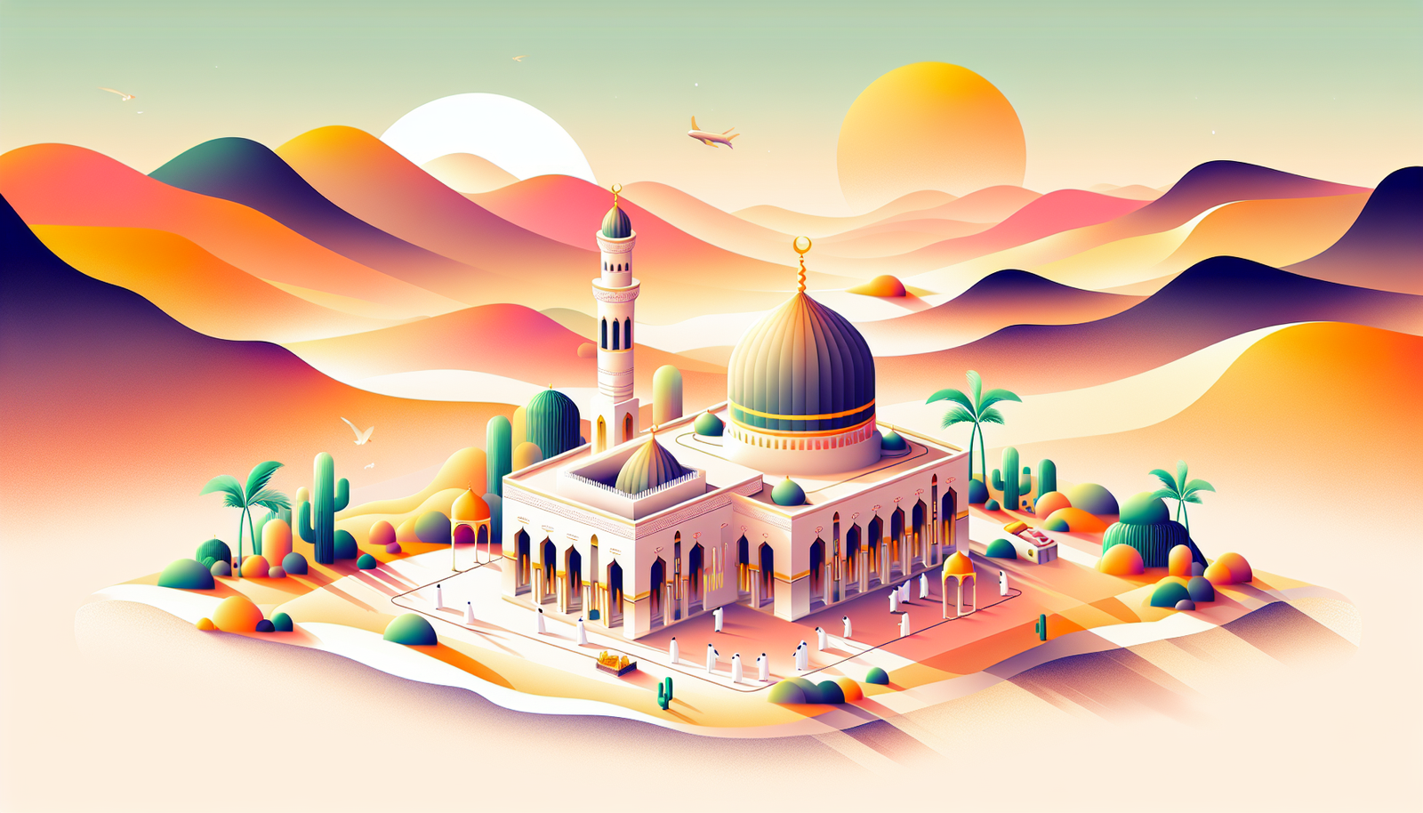 A carefully crafted modern and colorful scene that is centered around the spiritual journey of Umrah during the month of June. The scene could capture aesthetically pleasing features such as a beautiful mosque under the warm summer sun, devout believers peacefully practicing their rituals, and the serene desert landscape. The artwork should evoke a sense of peace, serenity, and spirituality, all while maintaining a vibrant, modern appeal. Note: The image should not contain any textual elements.