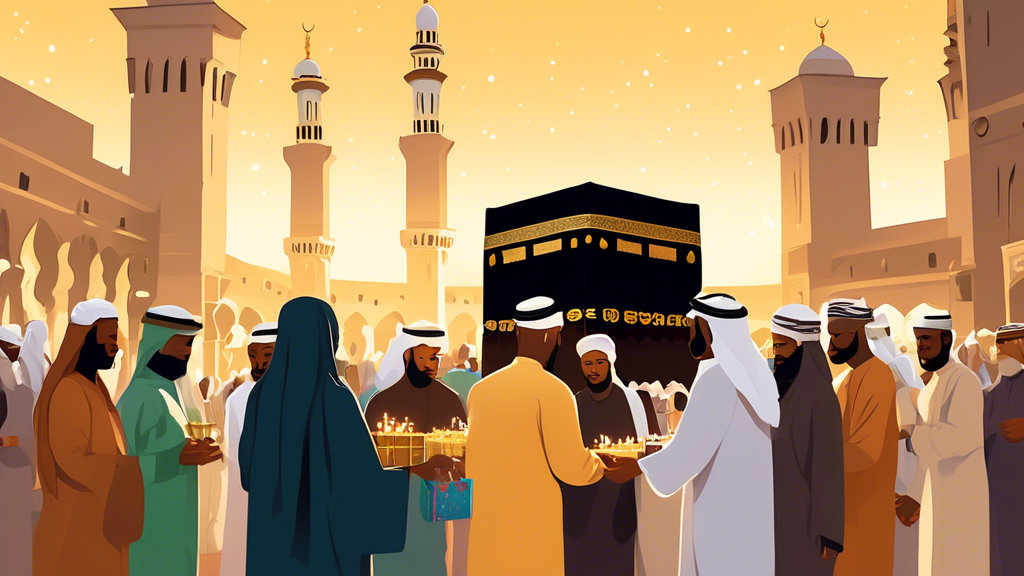 Diverse group of people exchanging gifts outside the Kaaba in Mecca during Umrah, showing happiness and cultural unity, in a warm, softly lit evening setting.