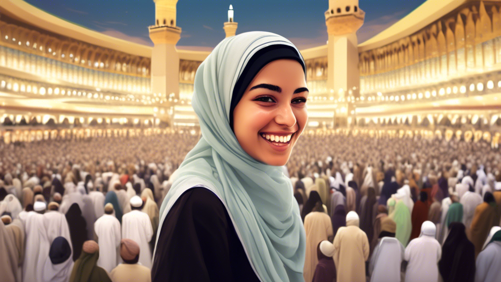 A young woman smiling joyfully while performing Umrah alone at the Kaaba in Mecca, with a crowd of diverse pilgrims in the background, illustrating independence and religious devotion.