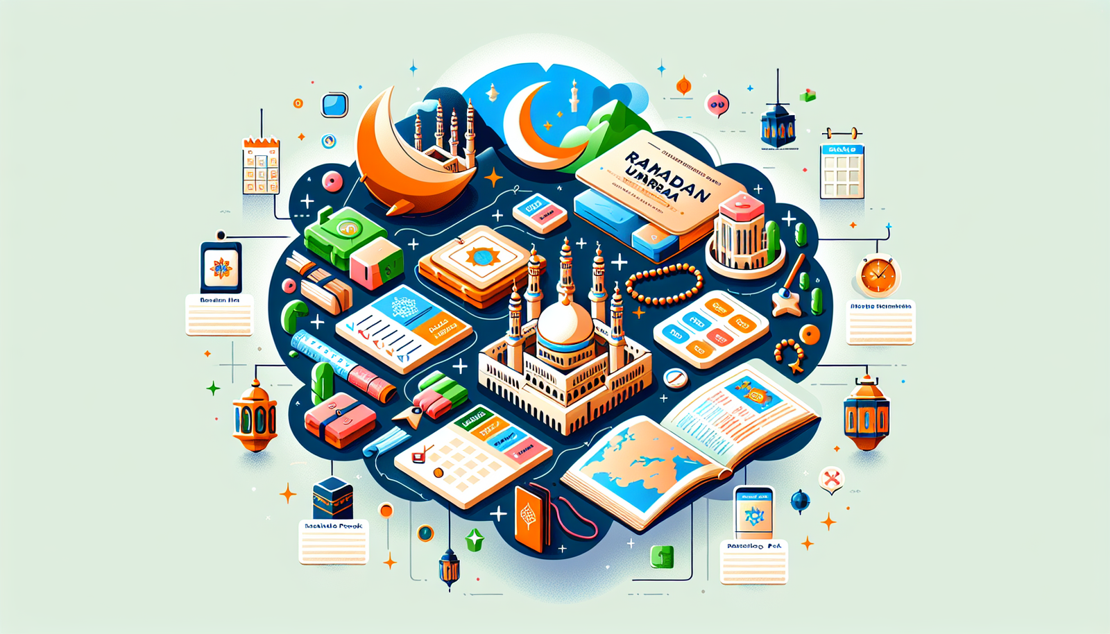 Create an image that illustrates a complete guide to Ramadan Umrah Packages. The style should be modern and the colors should be vibrant and varied. Let the image be self-explanatory and not need words to describe it. Include elements such as a map indicating Mecca, a checklist for essentials to pack, a calendar page showing the Ramadan month, and symbolic elements like prayer beads and a crescent moon.