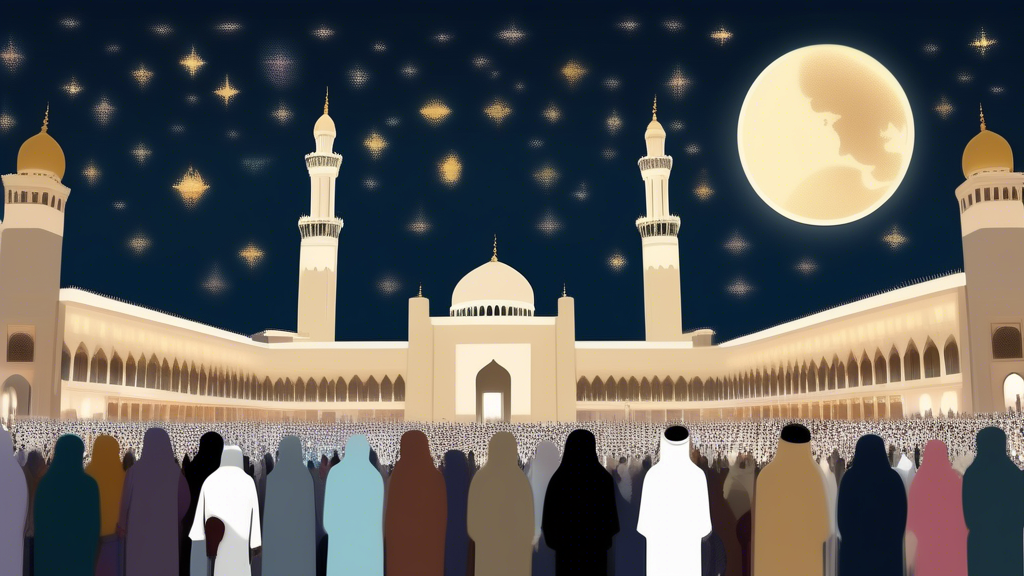 An illustrated digital artwork showing diverse Muslim pilgrims from around the world, with various skin tones and traditional attires, gathered in front of a stylized, majestic depiction of the Masjid