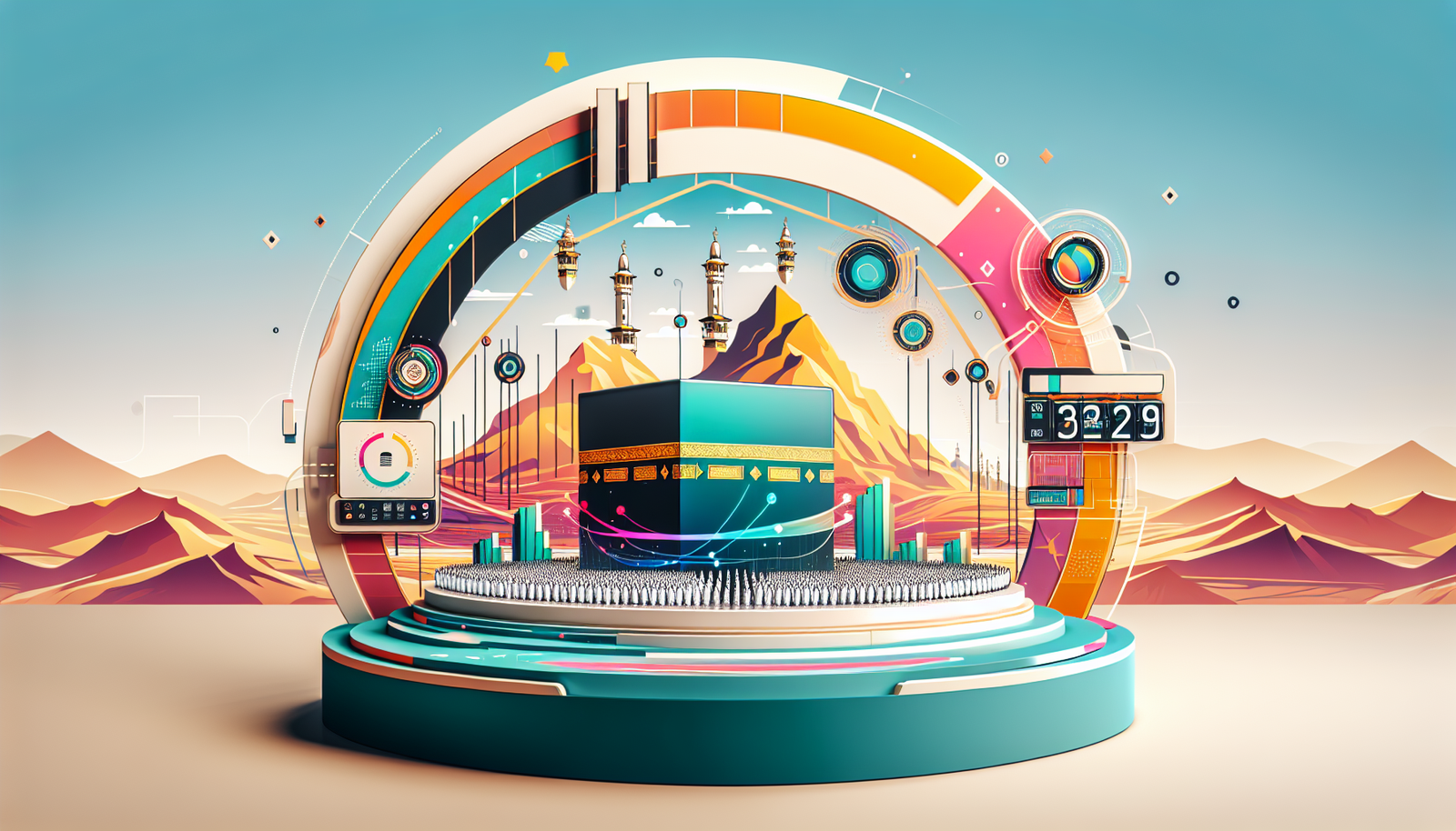 A modern and colorful representation of the launching of a platform called 'Nusuk', commemorating the platform's service to UK Hajj pilgrims. In the scenery, visualize a digitally advanced podium with vibrant color hues signifying its importance. The backdrop could perhaps have symbolic references to the Hajj pilgrimage such as a desert landscape, a stylized depiction of pilgrims wearing ihram (traditional white garments), and the architecture inspired by Mecca. Keep the scene lively and positive to portray the spirit of this significant event. No text should be included in the image.