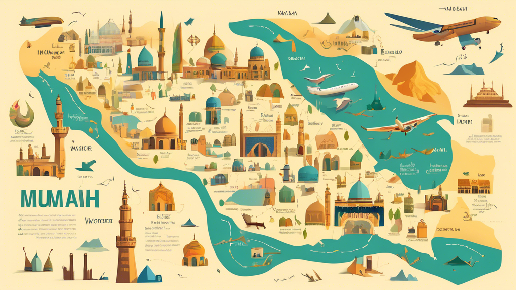 An illustrated map highlighted with a smooth, scenic route from Worcester to Mecca for Umrah, including icons for planes, landmarks, and essential guide points.