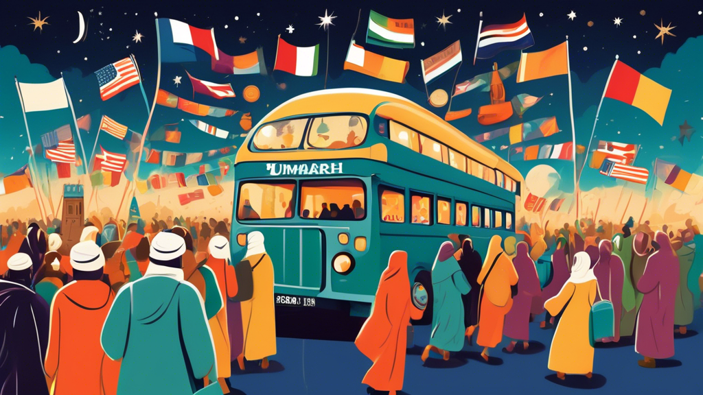 Illustration of excited pilgrims with suitcases and Umrah guidebooks boarding a vintage bus in Salisbury, the bus adorned with flags from various countries, under a sky filled with softly glowing stars and a crescent moon.
