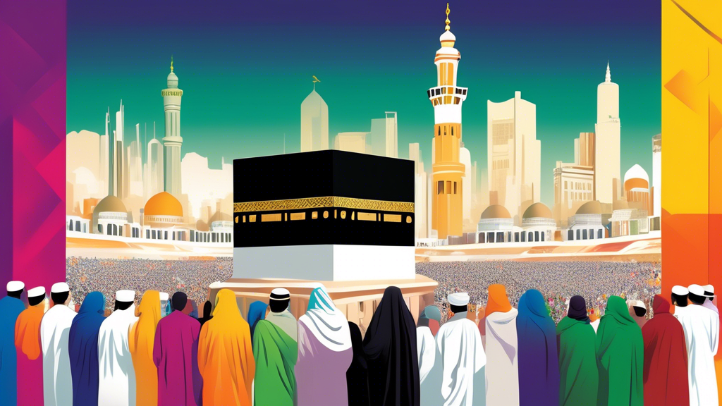 A group of pilgrims looking at a brochure of Umrah packages together in Birmingham, with the iconic Birmingham city skyline and the Kaaba in Mecca superimposed in the background, symbolizing their spiritual journey ahead.