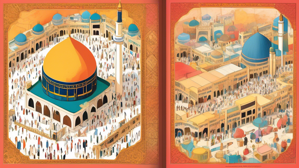 An intricately illustrated guidebook cover for 'Step-by-Step Guide to Performing Umrah', featuring a detailed map of Mecca and important rituals in vibrant watercolors.