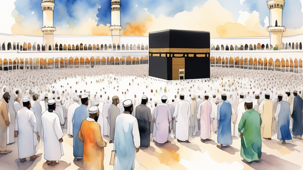 A serene and beautifully illustrated image showing a step-by-step guide to performing Umrah with diverse pilgrims performing rituals around the Kaaba in Mecca, depicted in a soft watercolor style.