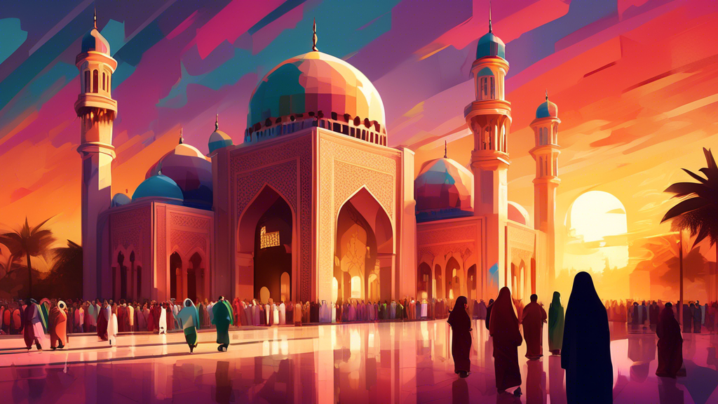 An intricately designed masjid during sunset, with people of diverse ethnicities entering the grand entrance, reflecting the central role of the masjid in Islamic faith.
