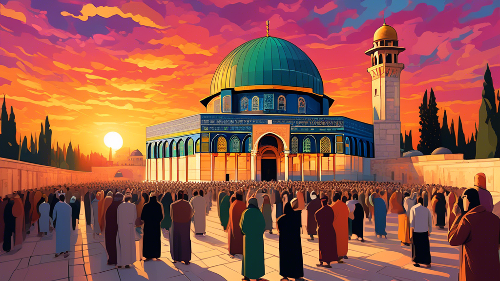 An artistic rendering of the Al-Aqsa Mosque in Jerusalem during a peaceful sunset, with worshippers of diverse backgrounds gathering for prayer, emphasizing the mosque's ornate architecture and spirit