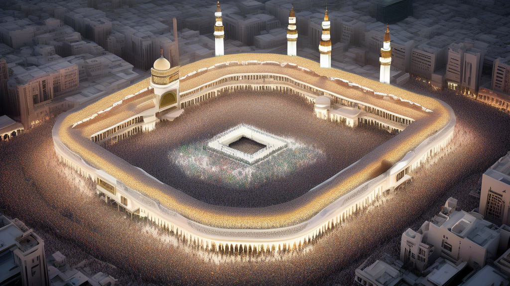An aerial view of Masjid al-Haram in Mecca during the Hajj pilgrimage, showcasing thousands of worshippers dressed in white, circling the Kaaba at sunset, highlighting the religious unity and cultural