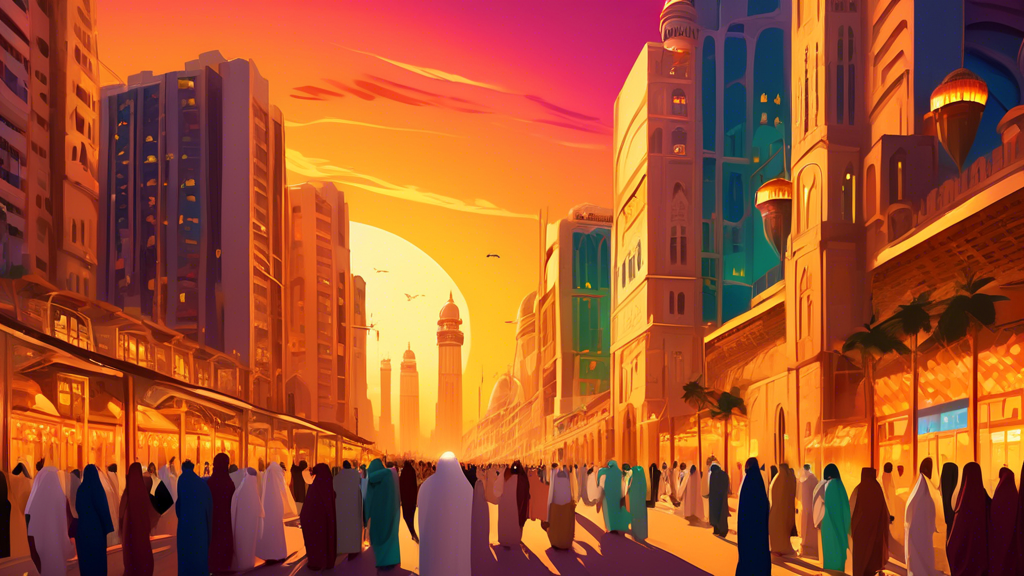 A vibrant digital illustration of a picturesque street lined with charming, affordable hotels glowing under the golden sunset, with the majestic Haram in Makkah standing grandly in the background, bustling with pilgrims.