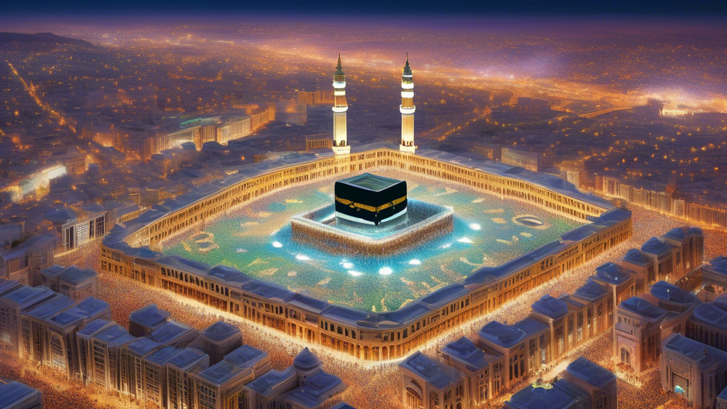 A stunning aerial view capturing the majestic Kaaba surrounded by luxurious hotels under a starlit sky in Mecca, emphasizing the harmony between spirituality and modern comfort for pilgrims.