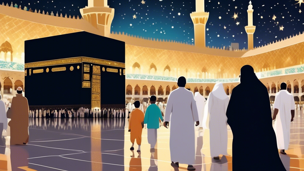 An elegant and serene image of families and solo travelers from Swansea, Wales, embarking on their spiritual journey with beautifully designed Umrah package brochures in hand, with the majestic Kaaba in Mecca shimmering in the background under a starry night sky