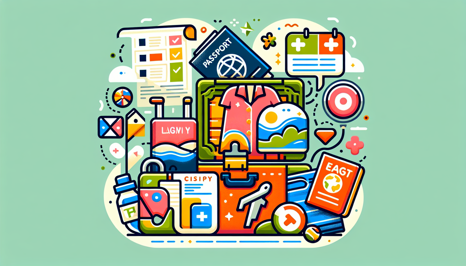 A colorful, modern illustration depicting key tips for a smooth pilgrimage journey. The illustration may include a well-organized luggage, a passport, a simple map, comfortable clothes for traveling, a guide book, and a dosage calendar for medication with a water bottle. Emphasize clear, easy paths and comfortable, peaceful travel environments. Avoid any text or written information within the illustration.