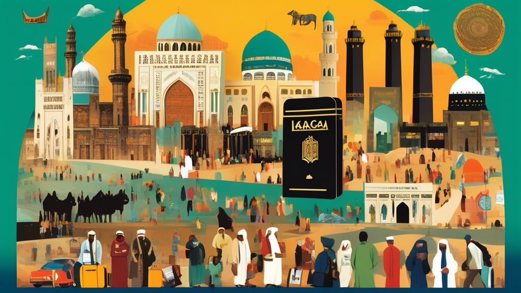 A stunning collage of landmarks in Durham juxtaposed with the Kaaba in Mecca, surrounded by pilgrims performing Umrah, all enveloped in travel-themed icons and luggage tags.