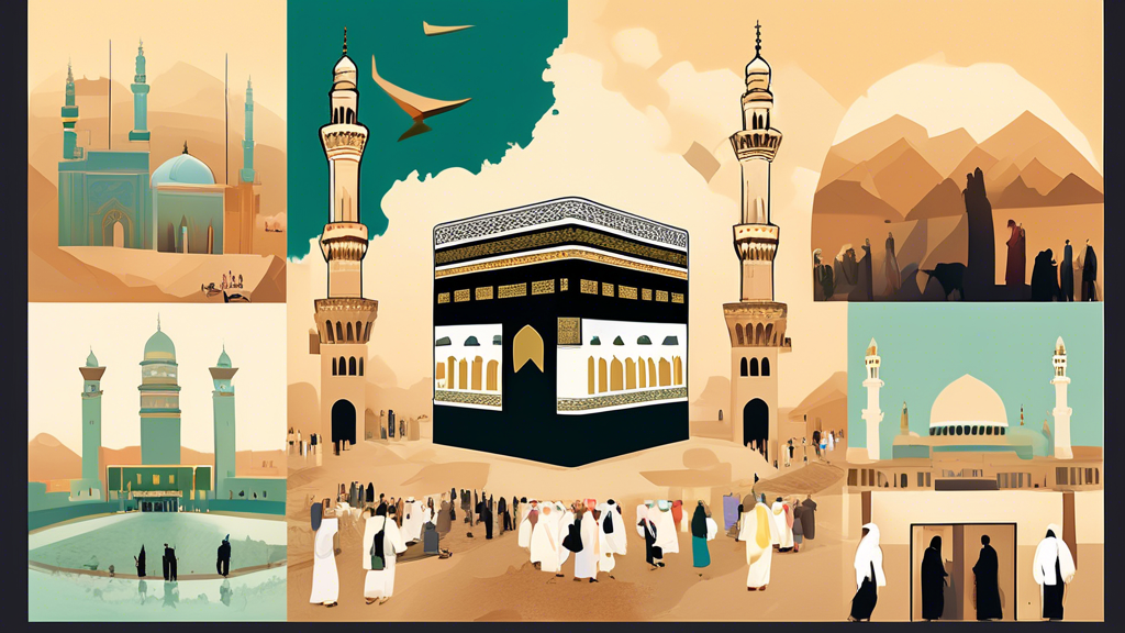 An artistic and detailed collage showcasing key highlights of top Umrah packages from London, including tranquil scenes of pilgrims at the Kaaba, serene desert landscapes of Saudi Arabia, and the iconic landmarks of London juxtaposed with traditional Islamic architecture - all framed with travel and spiritual symbols, in a harmonious and inviting color palette.