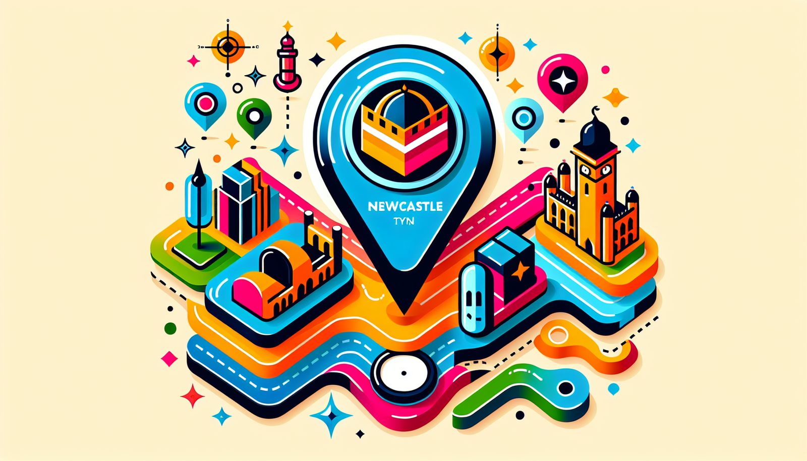 A visual guidance to top Umrah Packages from Newcastle Upon Tyne. Illustrate in a colorful and modern style. No text should be present in the image. Depict different packages as vibrant icons or graphics, placed around or flowing out of an abstract representation of a geolocation pin or compass needle pointing towards Newcastle Upon Tyne. Feel free to use geometric shapes and bold colors.