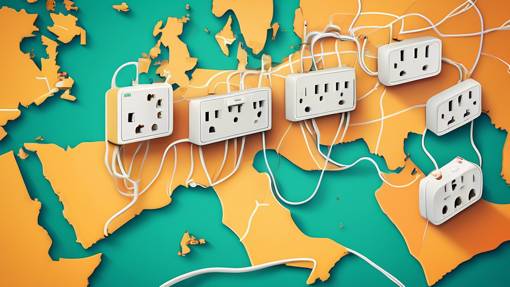 Digital illustration of various styles of plug sockets against a map of Saudi Arabia, showcasing the diverse electrical outlets found within the country.