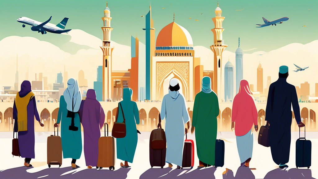 A peaceful and colorful illustration of families and individuals from Exeter preparing for Umrah, with luggage and Umrah guides in hand, boarding a plane with the Kaaba and Mecca’s skyline in the background.