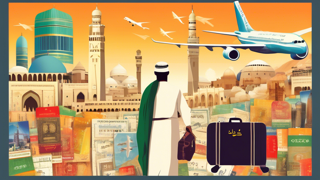 Stunning collage of sacred landmarks in Mecca, a traveler holding a suitcase with a Southampton tag, and airplane tickets symbolizing an Umrah journey