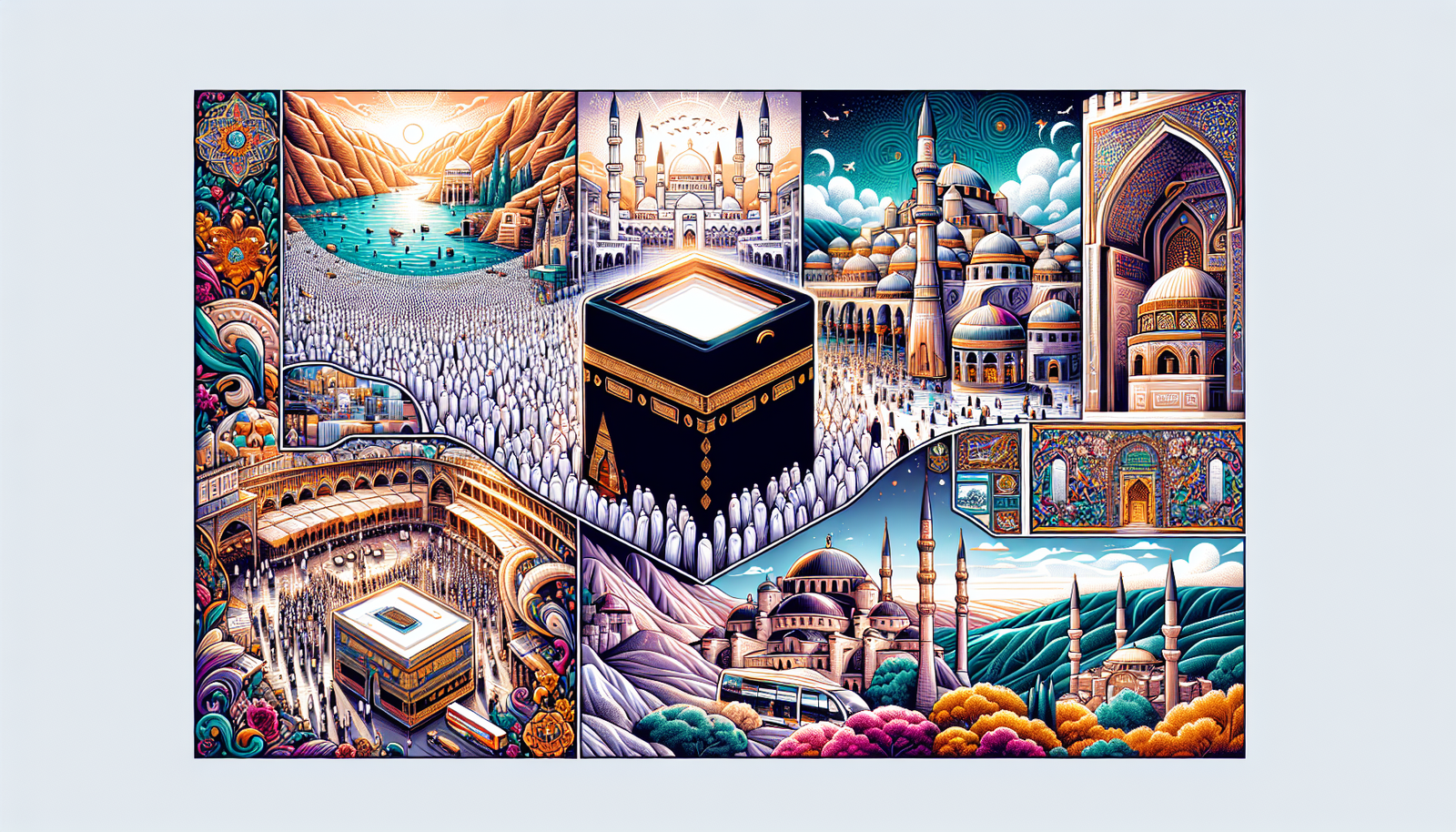 A detailed and colorful illustration in a modern style. On one side, display the spiritual journey of Umrah with key landmarks like the Kaaba, pilgrims in white attire, and the serene ambiance of prayer. On the other side, depict the captivating beauty of Turkey, featuring iconic elements such as the vibrant Grand Bazaar, fairy-tale chimneys of Cappadocia, and the majestic Hagia Sophia. In the middle, create an attractive logo or emblem representing a travel package linking these two experiences. Please ensure the illustration is without any text.
