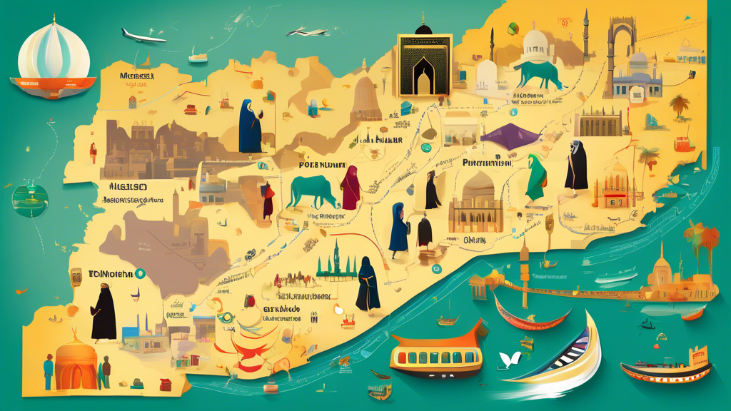 An illustrated map showing the journey from Portsmouth to Mecca with icons representing steps for performing a perfect Umrah.