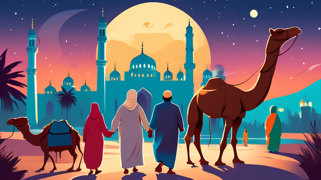 Illustration of a family holding a Ultimate Umrah Guide from St. Davids looking at a beautiful mosque under the moonlight, with a camel caravan and an airplane in the background, signifying the journey.