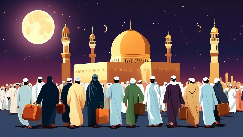 An enchanting illustration showcasing a diverse group of pilgrims in ihram clothing, with their luggage, excitedly gathering under the glowing moonlight, ready to embark on their spiritual journey for Umrah in July, with the majestic Kaaba in the background.