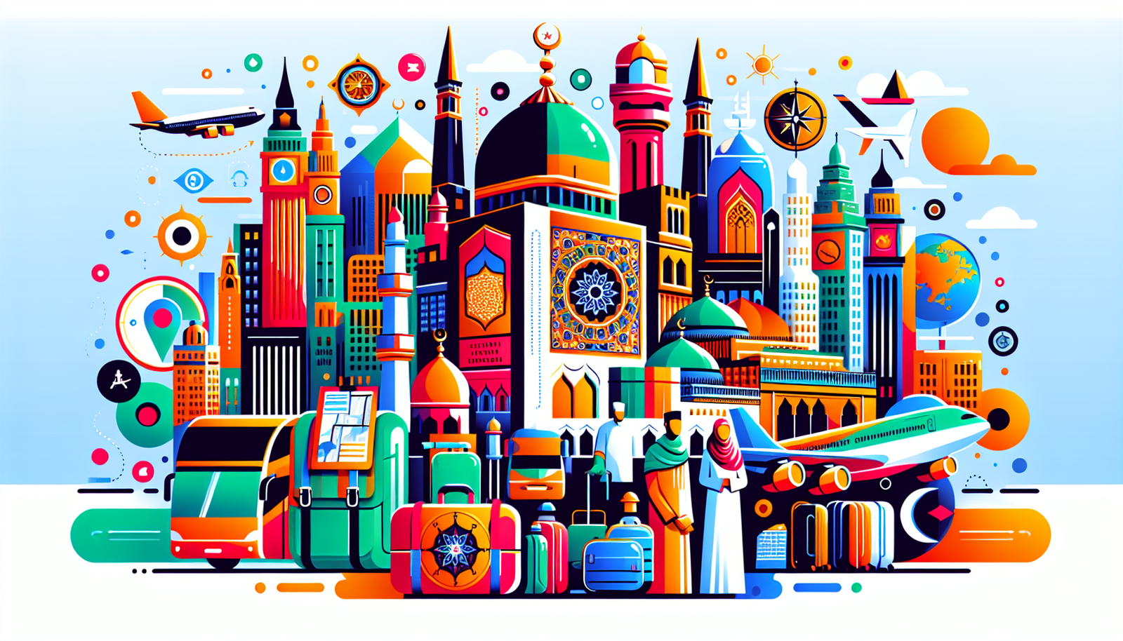 A modern, vividly colorful illustration of an Umrah guide from Canterbury. Display a varied collection of items, which can symbolize an Umrah journey. These may include a traveler's backpack with a water bottle, compass, and map; a minaret towering in the background to indicate the religious setting; a brightly colored bus or plane indicating travel, and some nondescript figures in traditional Umrah attire standing ready for the journey. Prominently present the cityscape of Canterbury with its distinguished architecture as the starting point of the journey. Don't include any text in the illustration.