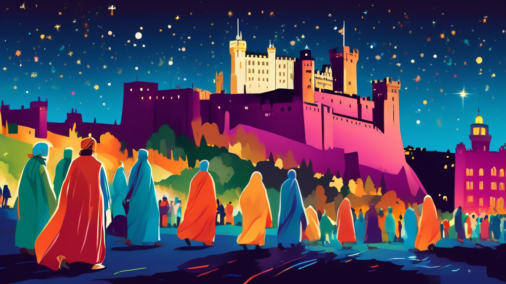 A serene illustration showcasing spiritual pilgrims embarking on an Umrah journey, with the majestic Edinburgh Castle in the background under a starlit sky.