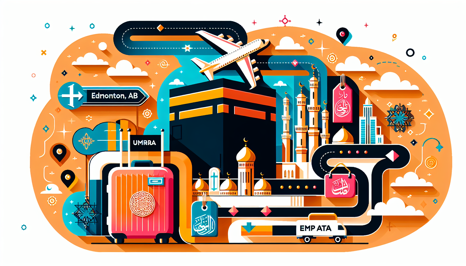 A colorful and modern illustration representing Umrah journey packages from Edmonton, AB. Include symbolic elements such as an airplane departing towards a stylized Kaaba, luggage with travel tags, traditional Islamic symbols, and path markers to suggest a spiritual journey. Ensure the overall theme is vibrant, modern, and inspiring.