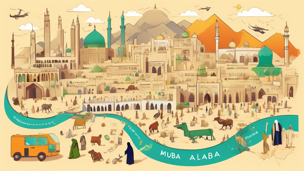 Create an illustrative map of the journey from St Albans, UK, to Mecca, Saudi Arabia, highlighting key cities and landmarks along the route, with symbols representing travel essentials for Umrah, such as luggage, airplane, prayer mat, and the Kaaba. Caption: Your Spiritual Journey Begins Here: Umrah Packages from St Albans.