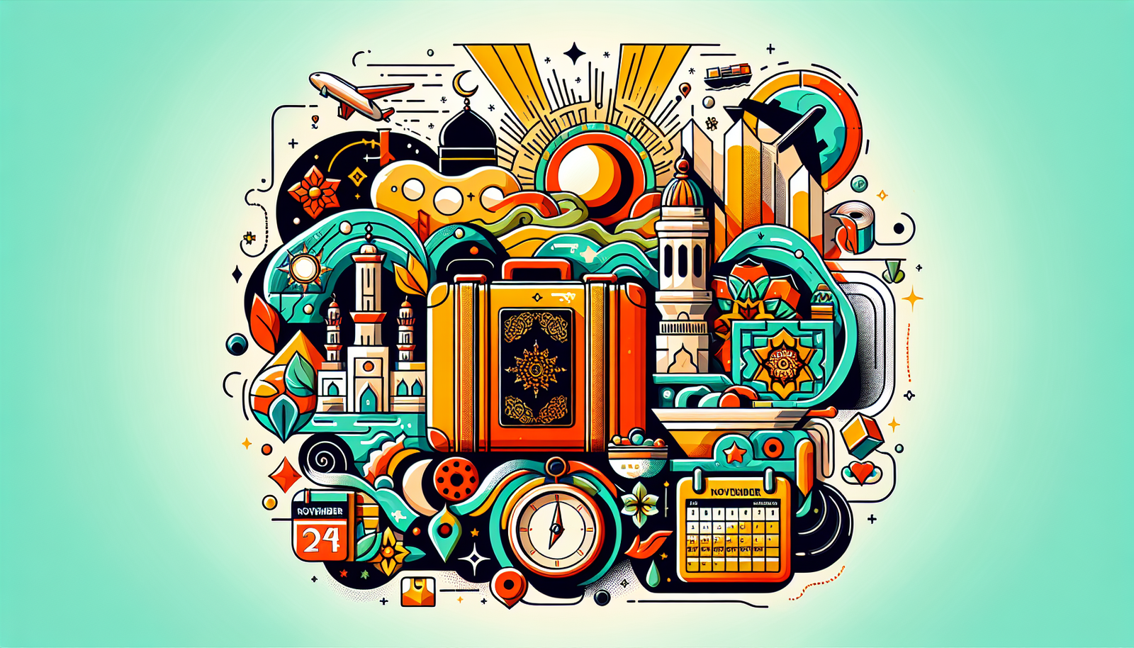 An illustration centered on the spiritual journey of the Umrah pilgrimage, with symbolic elements to portray its religious significance. It's depicted in a modern artistic style, utilizing vibrant, bright colors. There are also various elements representing good deals, like a suitcase filled with essential items for pilgrimage, a compass showing the way to Mecca, and a calendar page indicating the month of November in 2024. Note: The image does not depict any specific human figures or identifiable people. As per the request, no words should be included in the illustration.