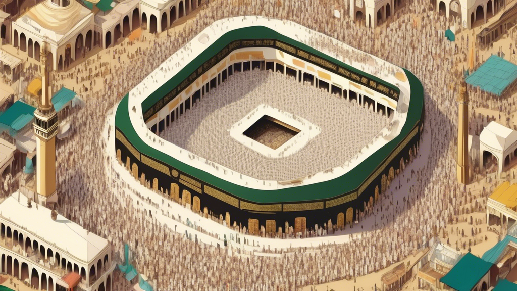 An aerial view of pilgrims performing the Hajj, circling the Kaaba in Mecca, with detailed illustrations showing various rituals of Nusuk.