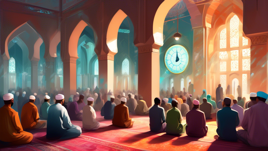 A serene digital painting of diverse people gathered in a beautiful mosque, learning about Islamic prayer times from an imam, with a large digital clock displaying various prayer times in the backgrou