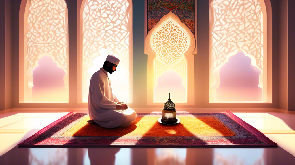 A serene and tranquil indoor setting showing a person dressed in traditional Islamic clothing, preparing to perform Namaz on a beautifully ornate prayer mat, with light streaming through a nearby wind