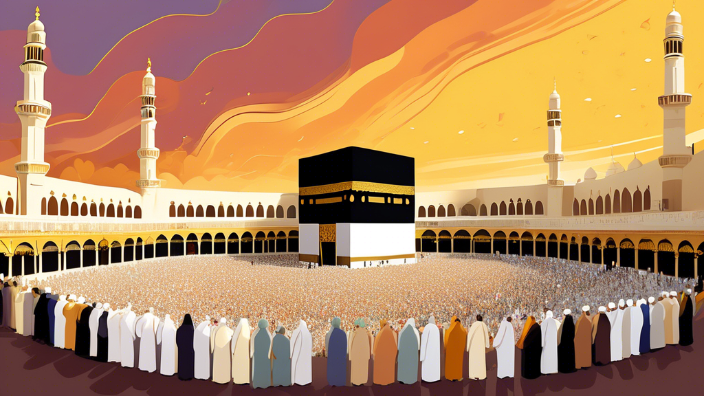 Serene illustration of diverse Muslim pilgrims performing Umrah around the Kaaba in Mecca, with a golden sunset casting long shadows and highlighting intricate Islamic patterns in the background.