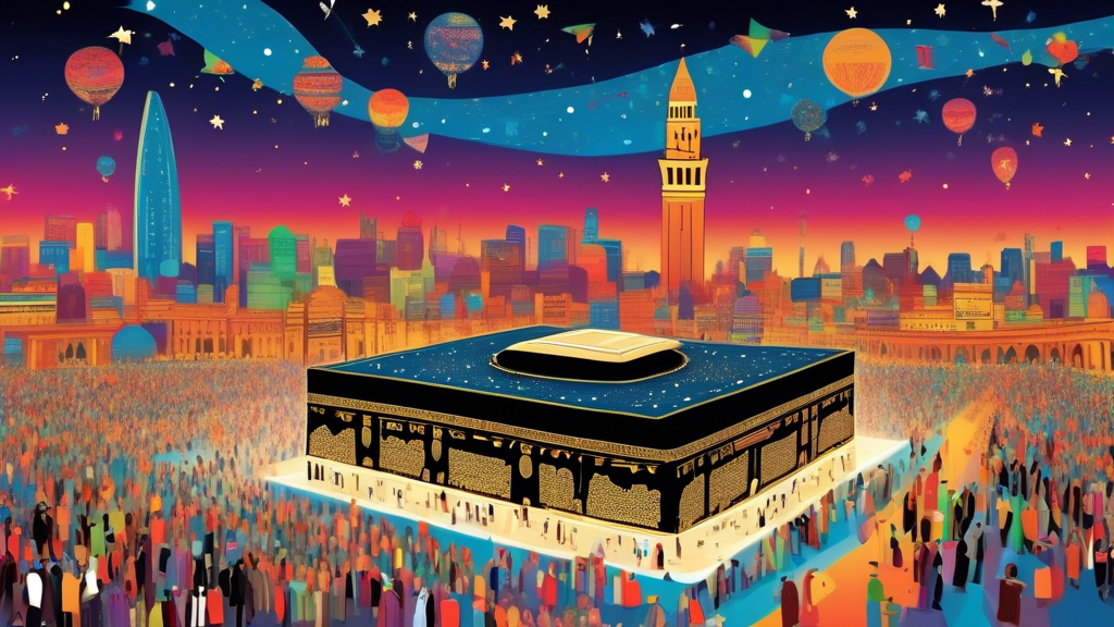 A visually compelling travel guidebook floating above the Kaaba in Mecca, surrounded by pilgrims from around the world, with the Liverpool skyline in the background, under a starry desert night sky.